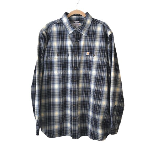 Carhartt Blue Plaid Flannel Original Fit Shirt Work Heavyweight XL Tall XLT EUC - Picture 1 of 6